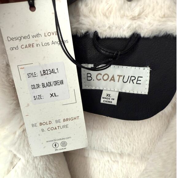B Coature Faux Leather Faux Fur Sherpa Longline Jacket Coat Black Cream Size XL - Picture 6 of 9